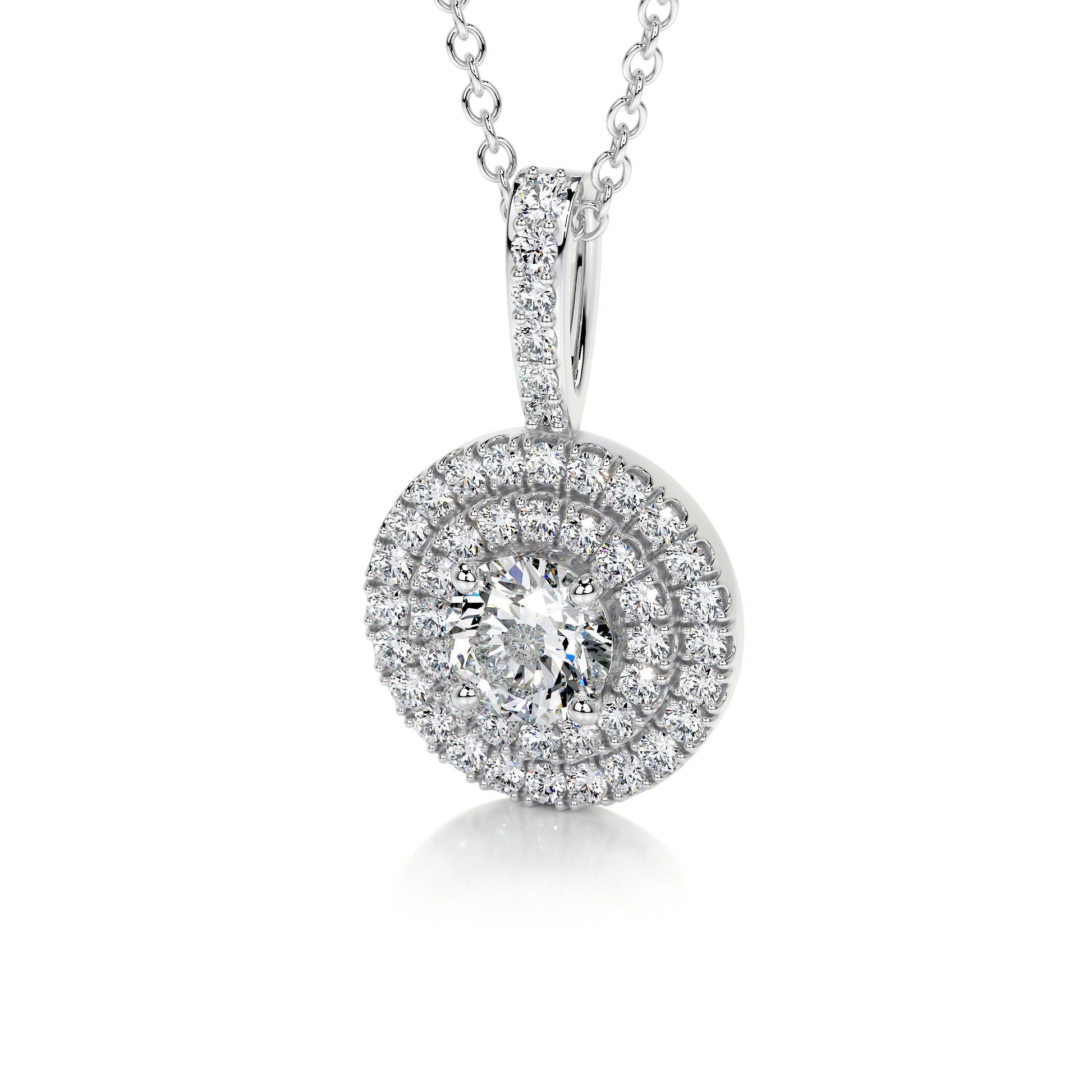 0.95 TCW Round Moissanite Double Halo Pendant Necklace