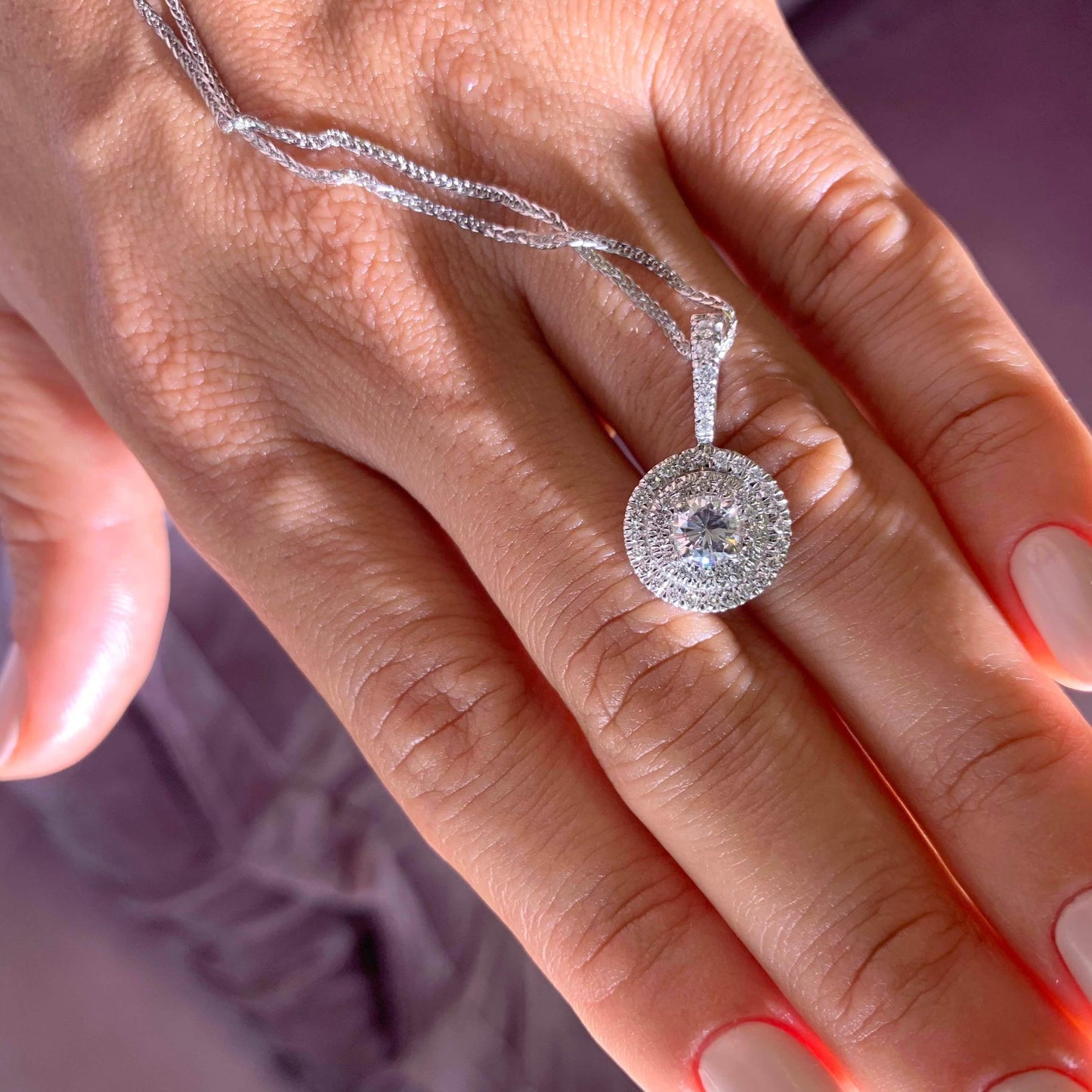 0.95 TCW Round Moissanite Double Halo Pendant Necklace