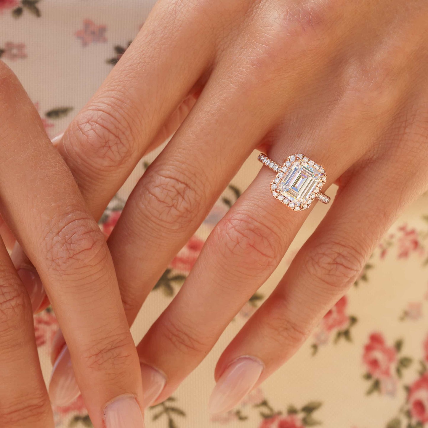 1 CT Emerald Halo & Pave Moissanite Engagement Ring
