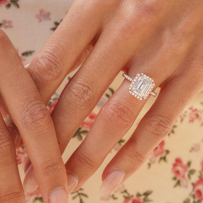 1 CT Emerald Halo & Pave Moissanite Engagement Ring