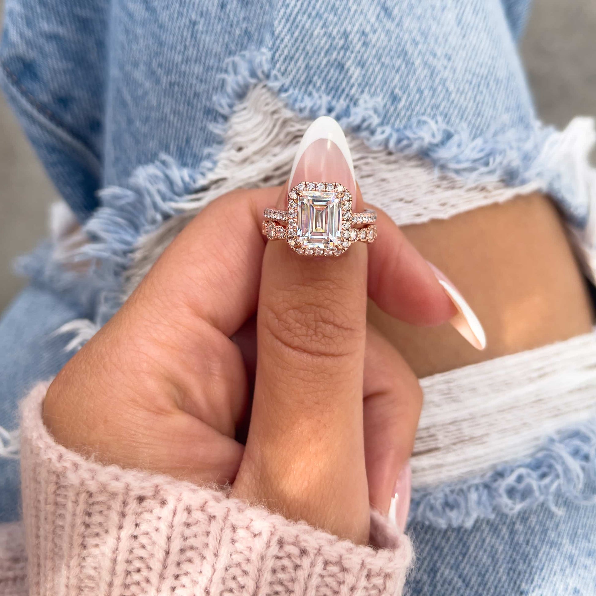1 CT Emerald Halo & Pave Moissanite Engagement Ring