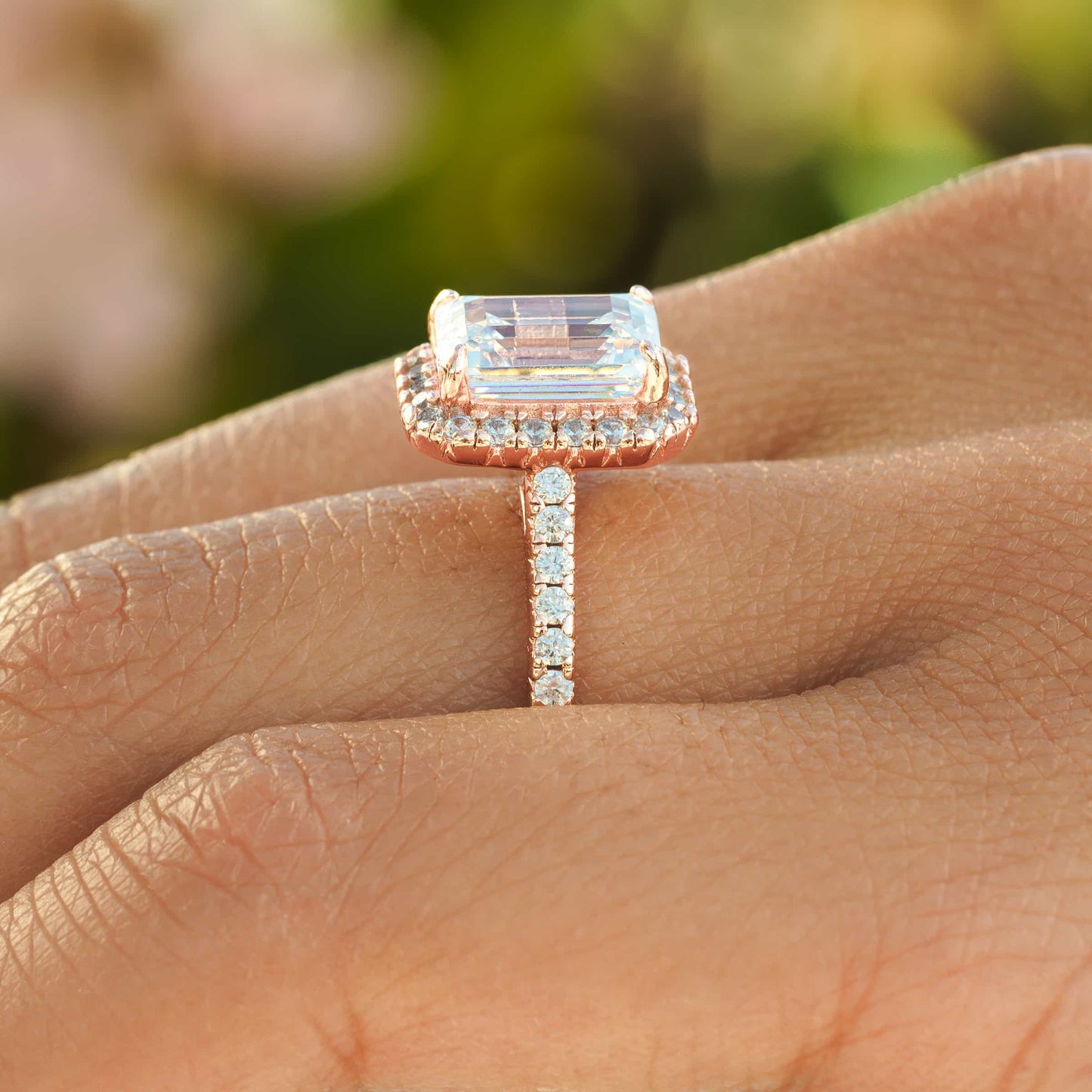 1 CT Emerald Halo & Pave Moissanite Engagement Ring