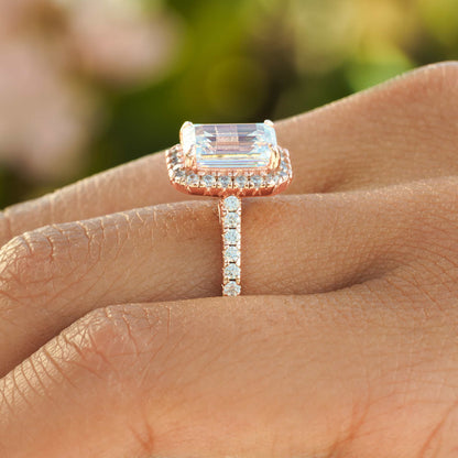 1 CT Emerald Halo & Pave Moissanite Engagement Ring
