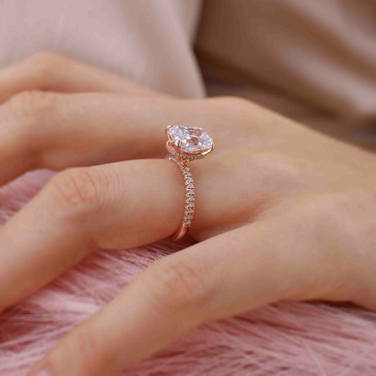 3.34 CT Elongated Cushion Hidden Halo & Pave Moissanite Engagement Ring