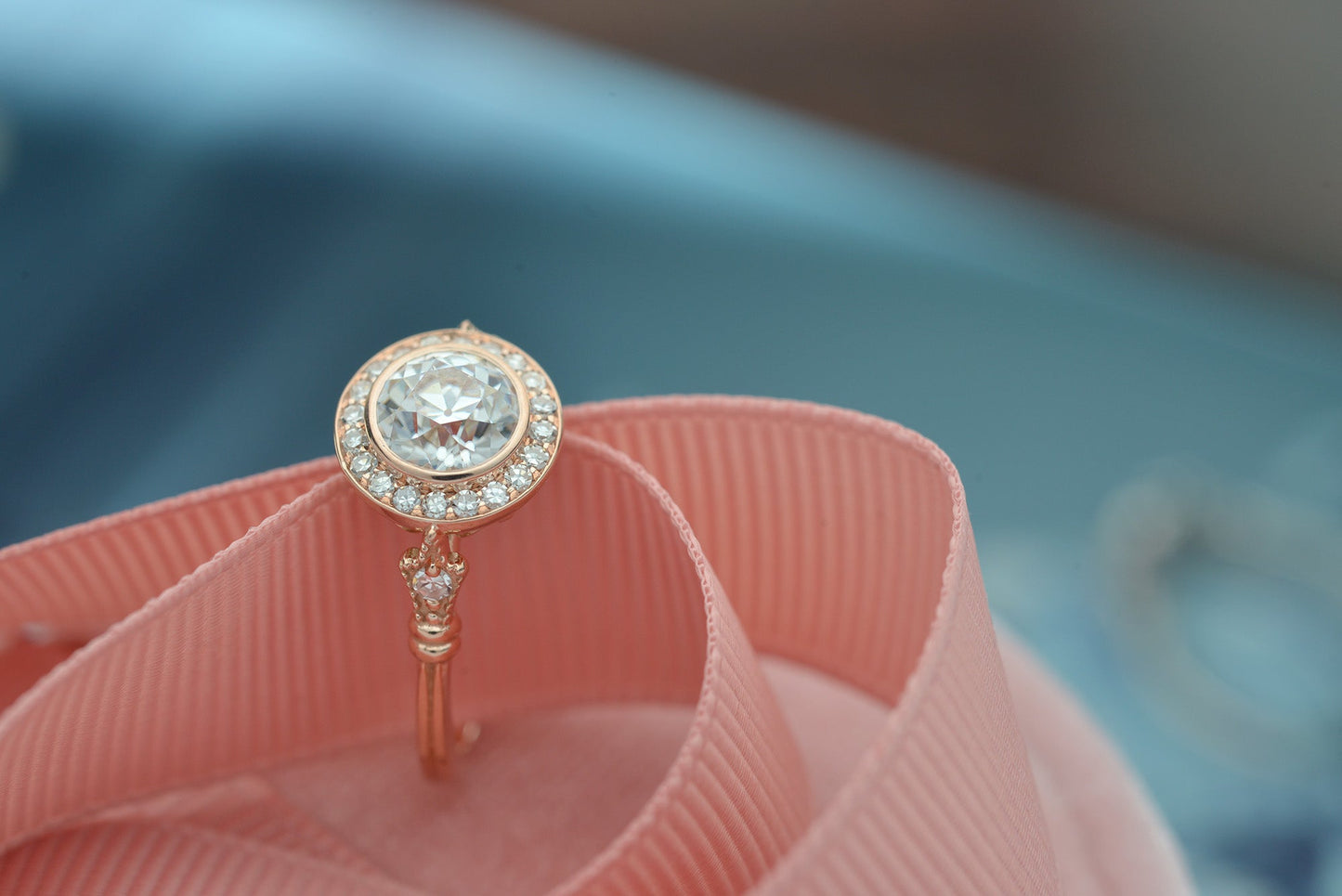 0.7 CT Round Halo & Pave Bezel Moissanite Engagement Ring