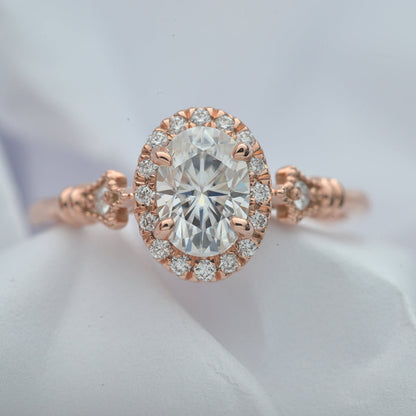 1.91 CT Oval Vintage Halo & Pave Moissanite Engagement Ring