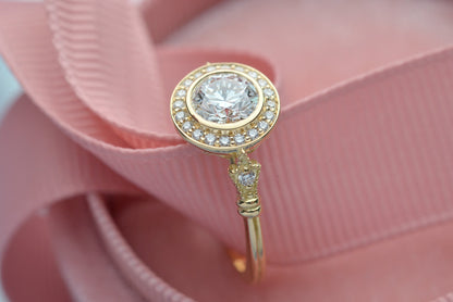 0.7 CT Round Halo & Pave Bezel Moissanite Engagement Ring