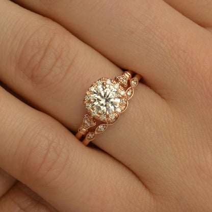1.10 CT Round Vintage Halo & Pave Moissanite Engagement Ring