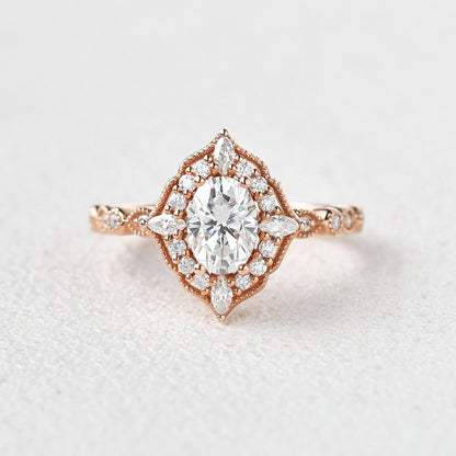 0.94 CT Oval Halo & Pave Moissanite Engagement Ring