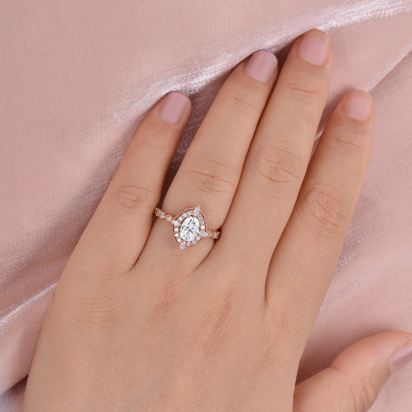 0.94 CT Oval Halo & Pave Moissanite Engagement Ring