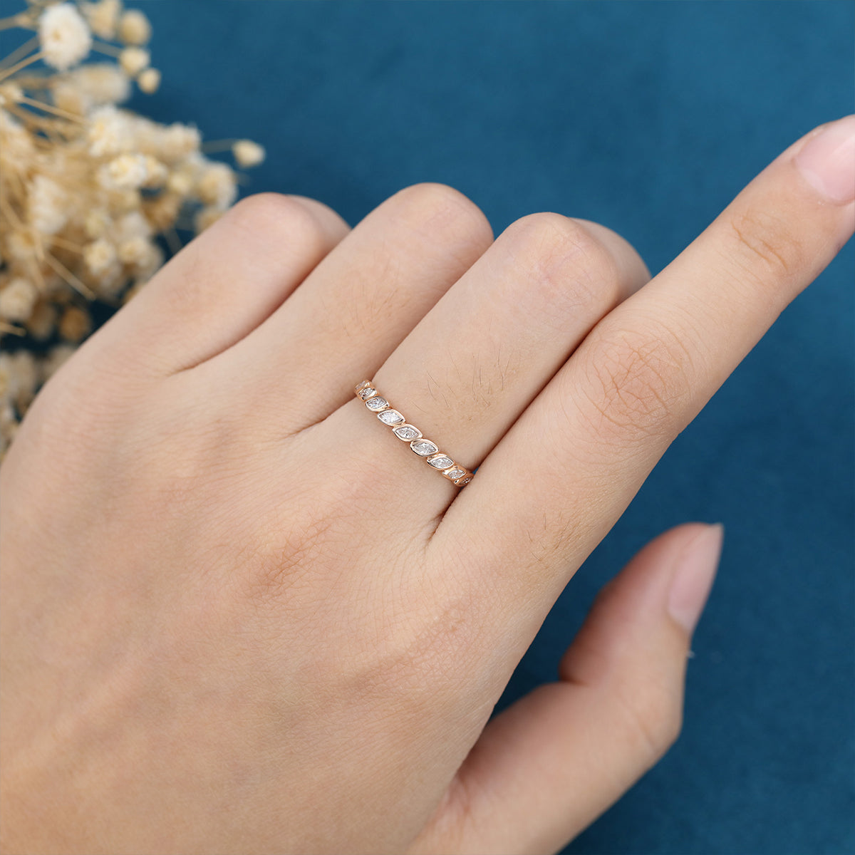 1.2 TCW Marquise Half Eternity & Bezel Moissanite Wedding Band