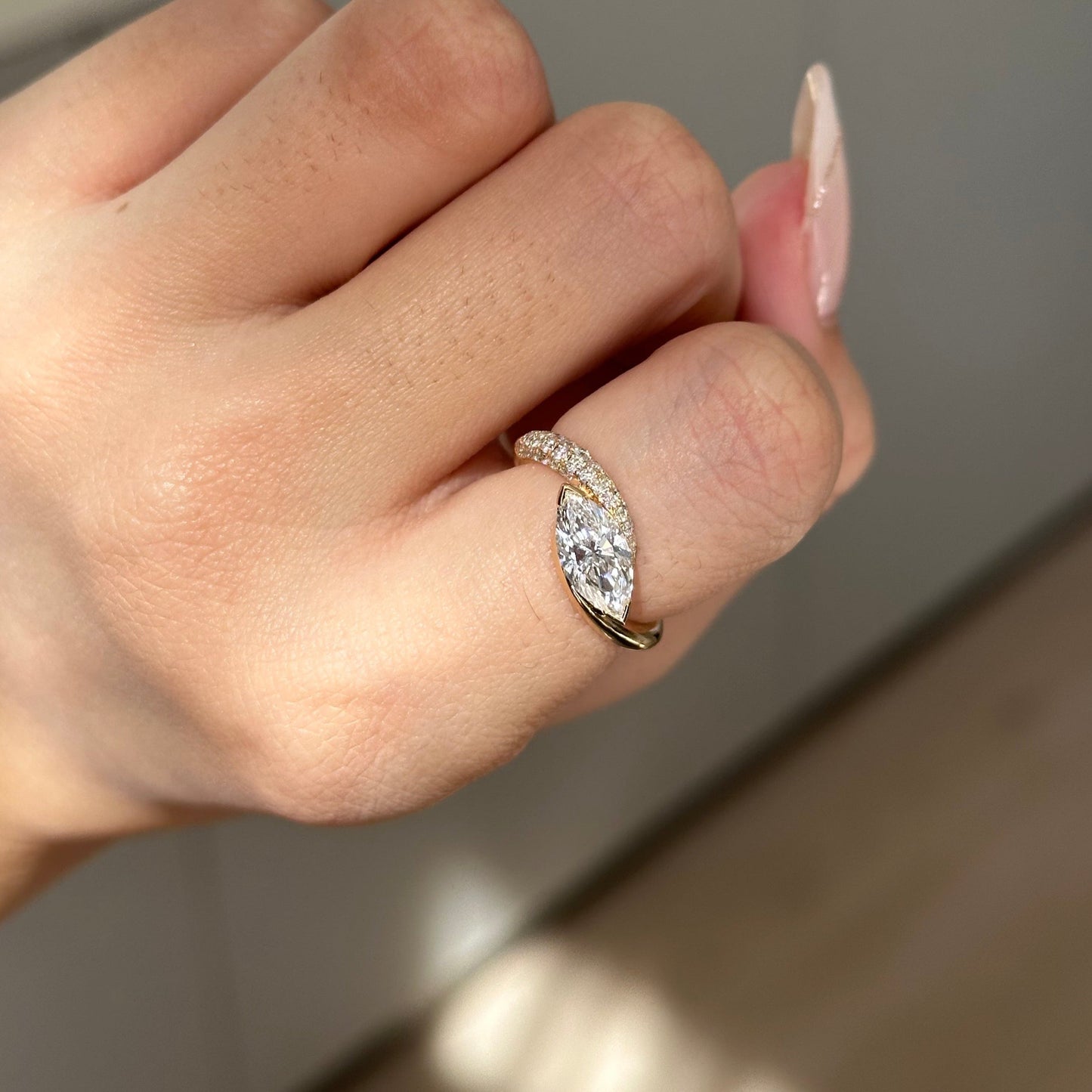 1.1 CT East West Marquise Twisted Pave Moissanite Engagement Ring