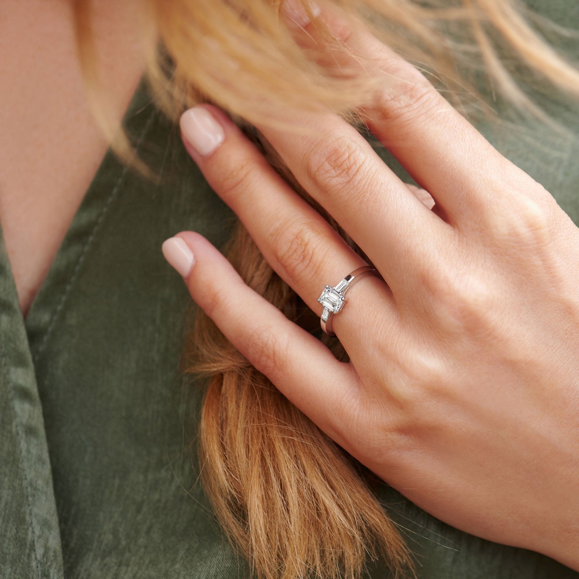 0.50 CT Emerald Three Stone Moissanite Engagement Ring