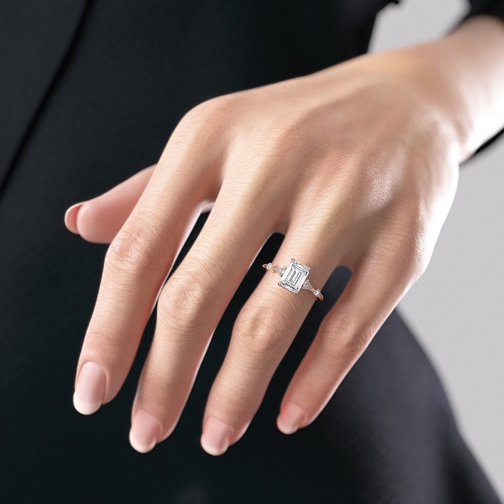 1.91 CT Emerald Cut Solitaire Milgrain Pave Set Moissanite Engagement Ring 9