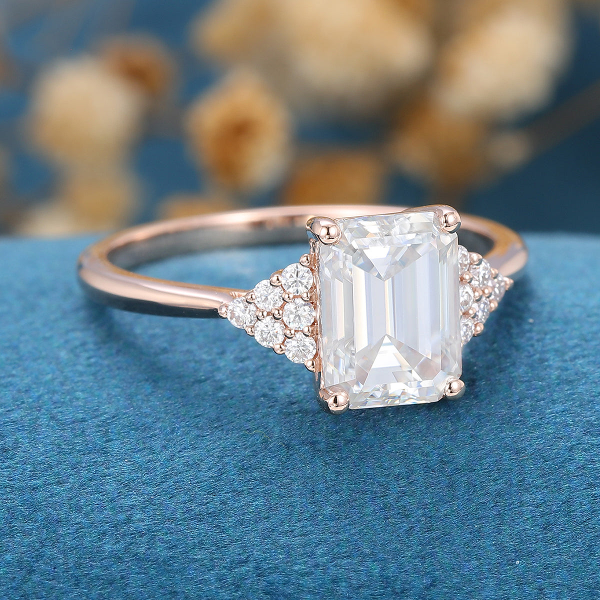 1.6 CT Emerald Cluster Moissanite Engagement Ring