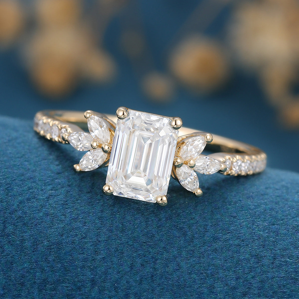 0.92 CT Emerald Cluster Moissanite Engagement Ring