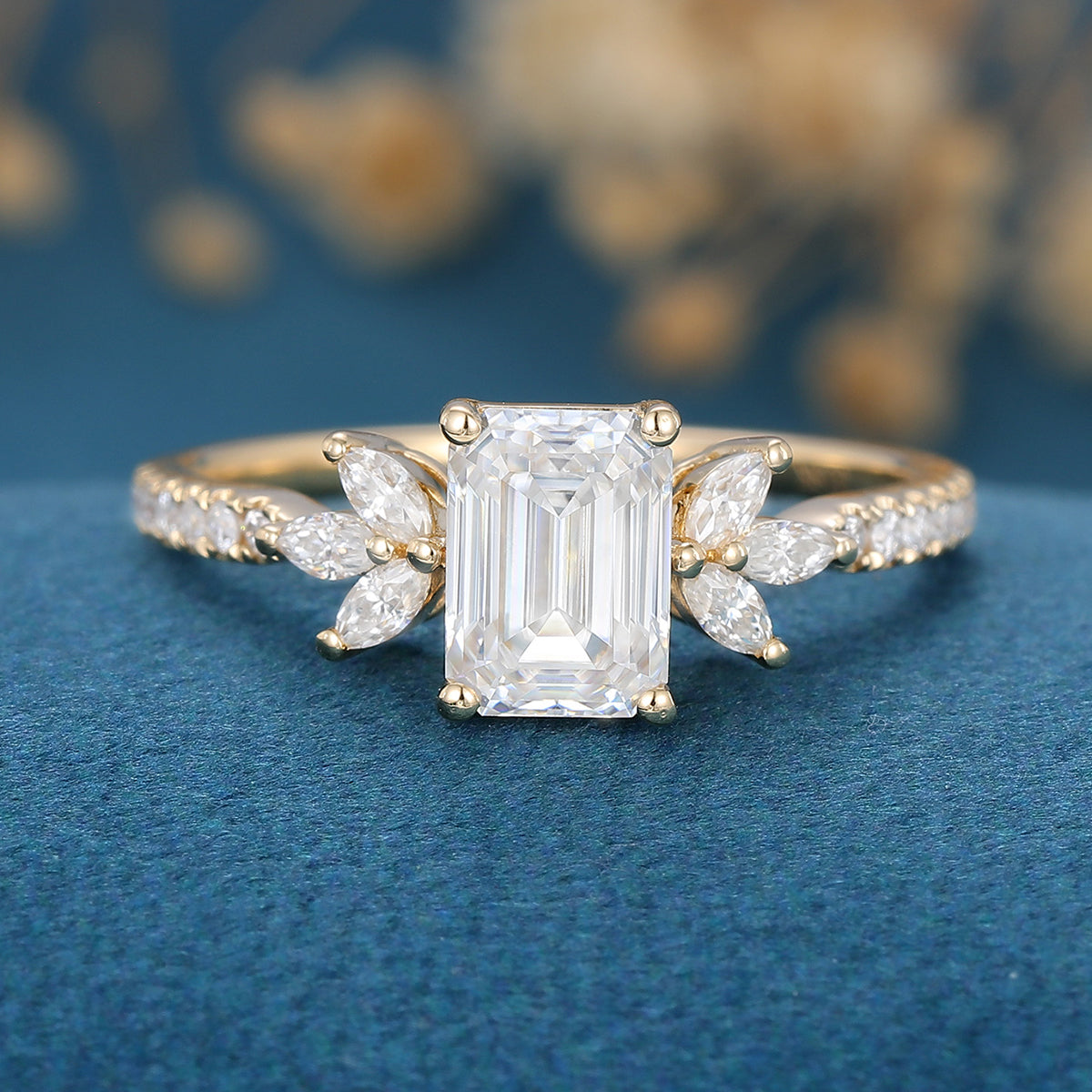 0.92 CT Emerald Cluster Moissanite Engagement Ring