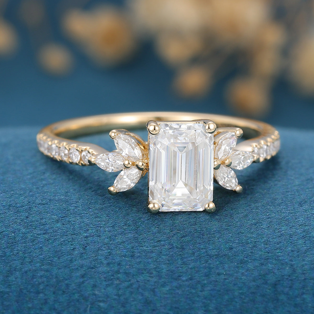 0.92 CT Emerald Cluster Moissanite Engagement Ring