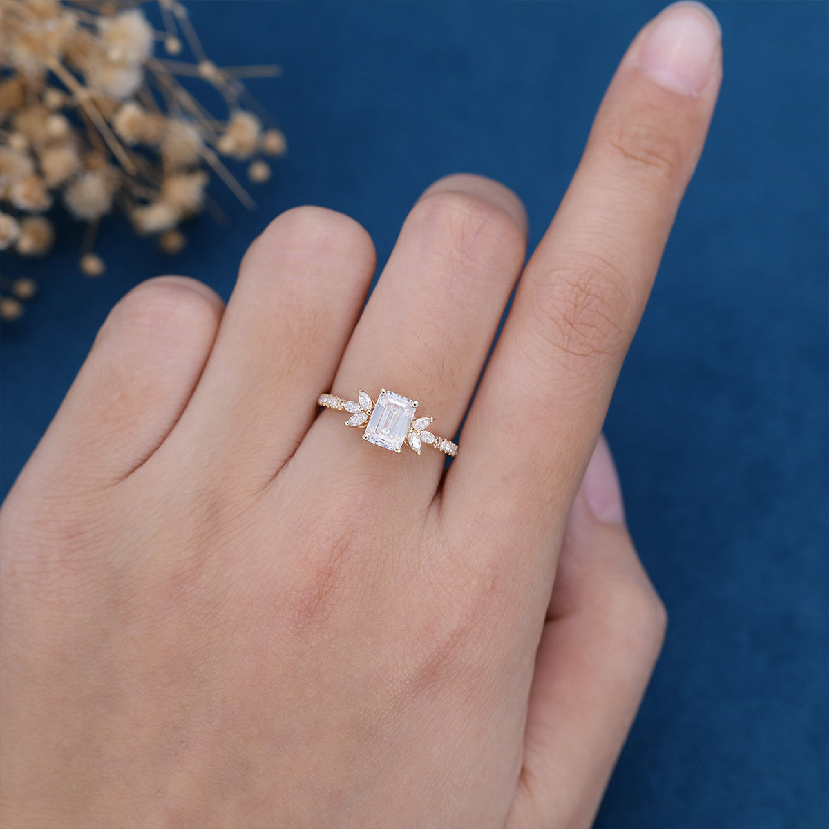 0.92 CT Emerald Cluster Moissanite Engagement Ring