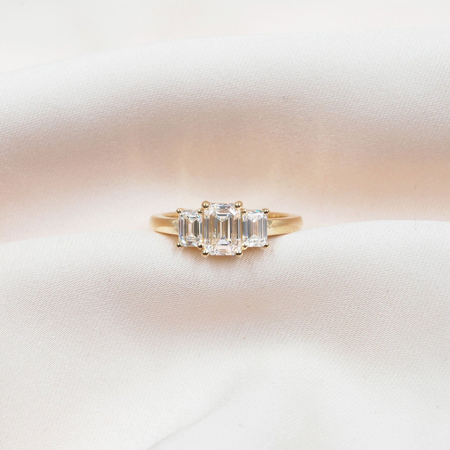 0.70 CT Emerald Three Stone Moissanite Engagement Ring