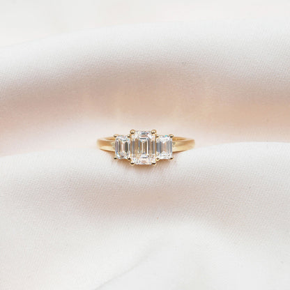 0.70 CT Emerald Three Stone Moissanite Engagement Ring