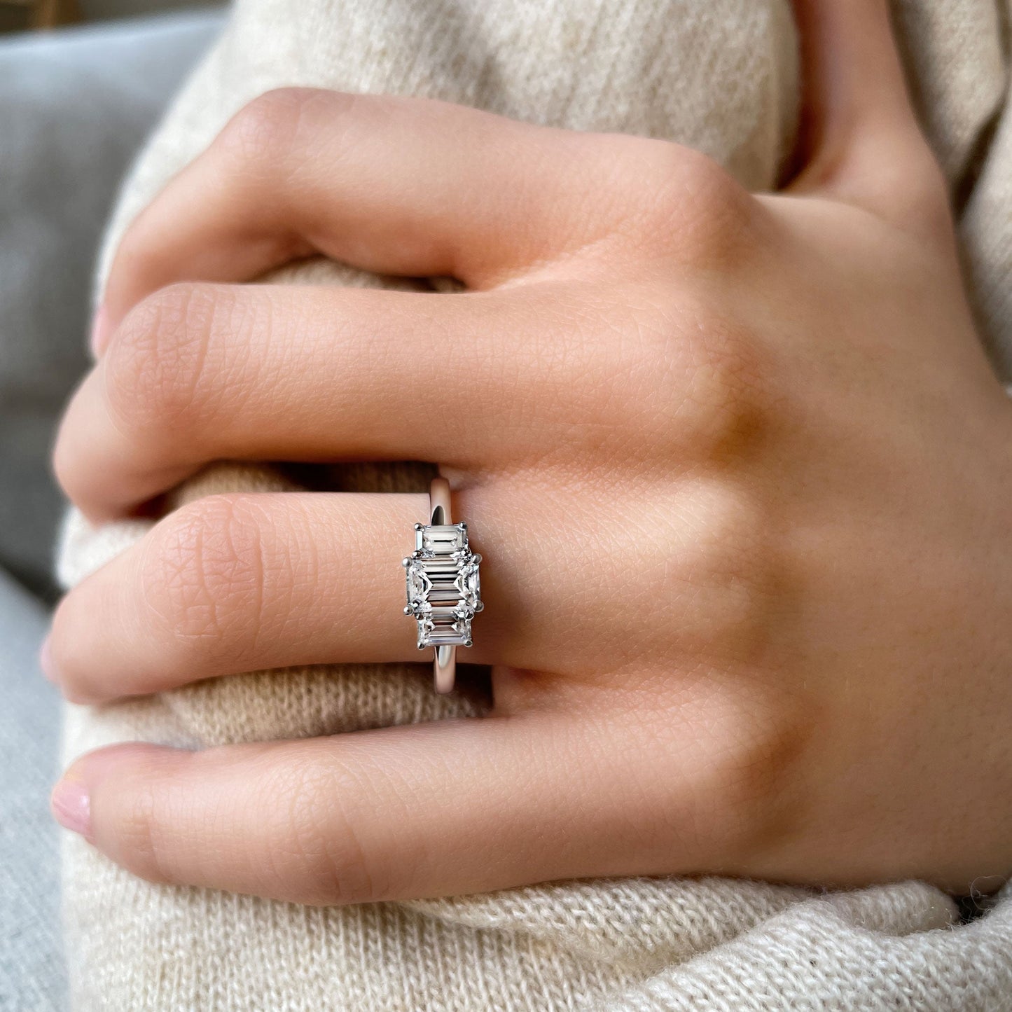 0.70 CT Emerald Three Stone Moissanite Engagement Ring