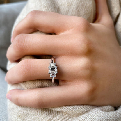 0.70 CT Emerald Three Stone Moissanite Engagement Ring