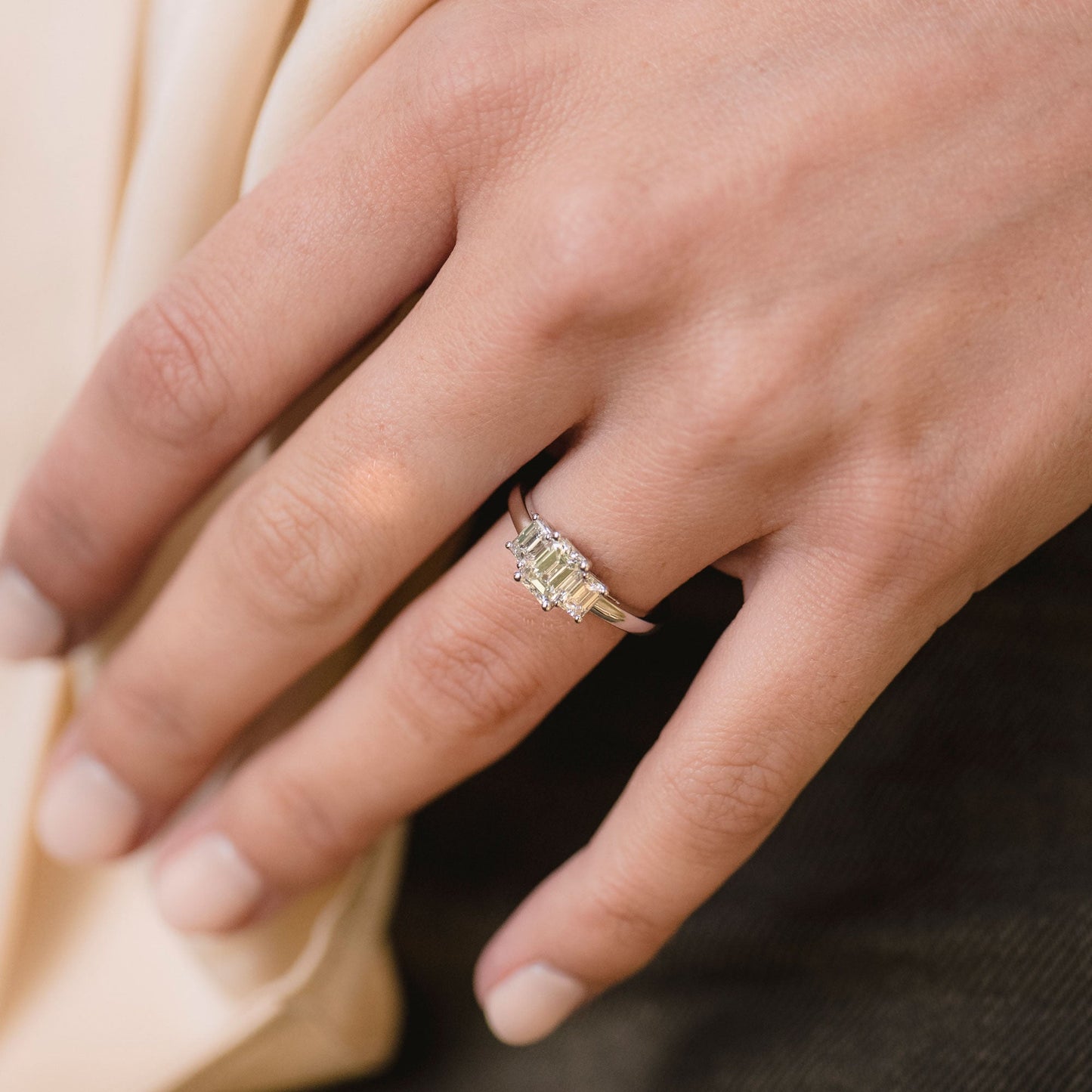0.70 CT Emerald Three Stone Moissanite Engagement Ring
