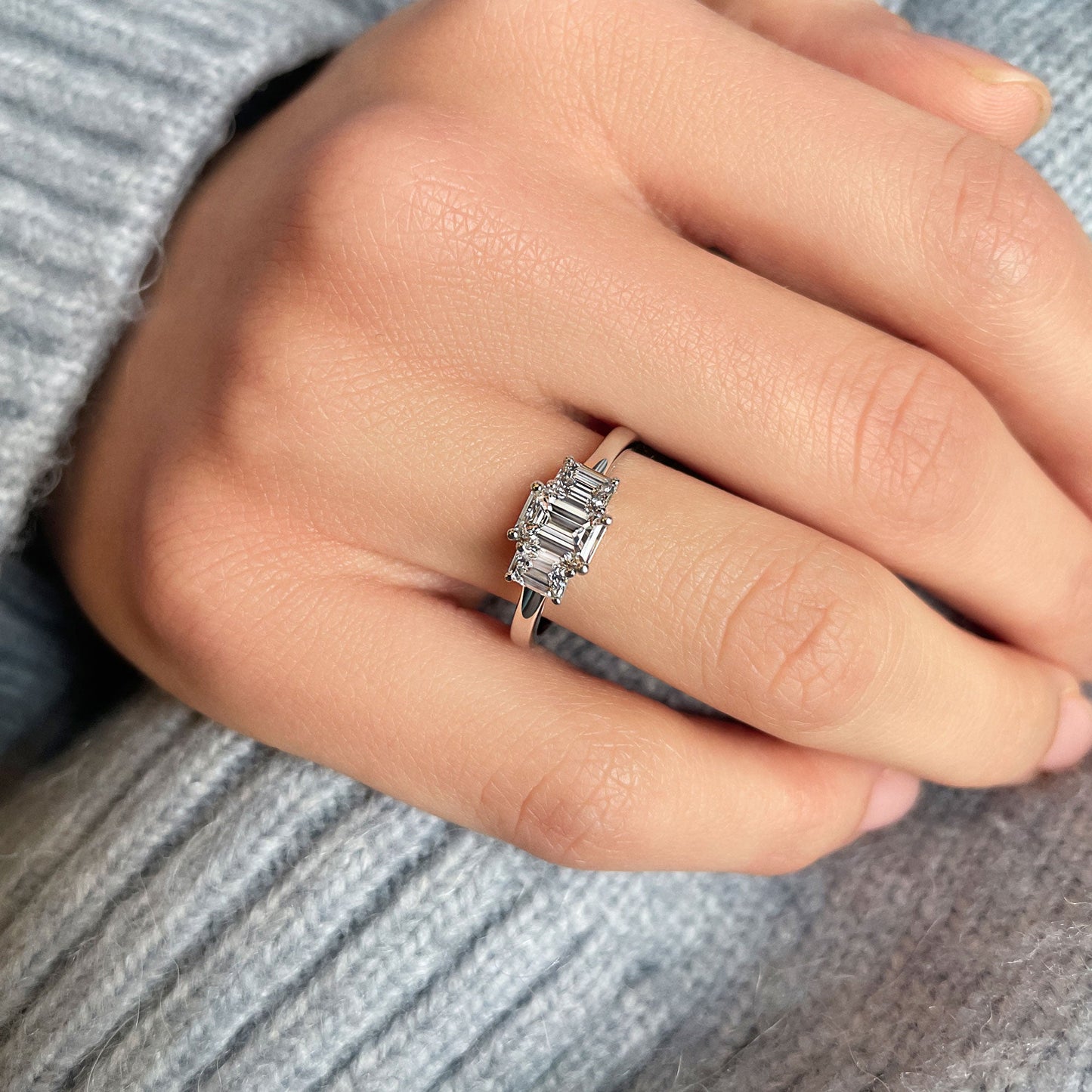 0.70 CT Emerald Three Stone Moissanite Engagement Ring
