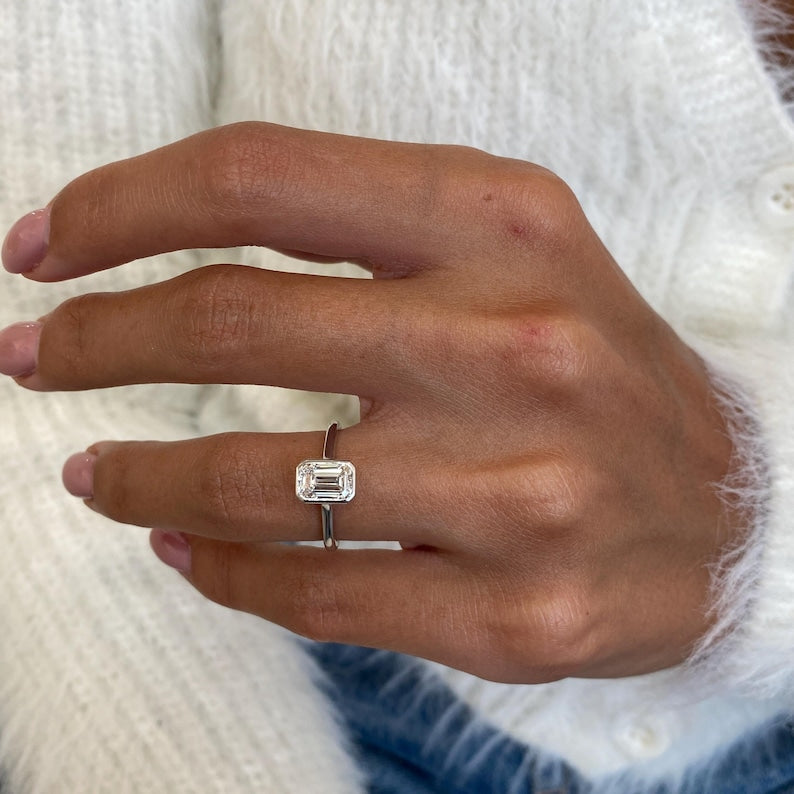 1 CT Emerald Bezel Moissanite Engagement Ring