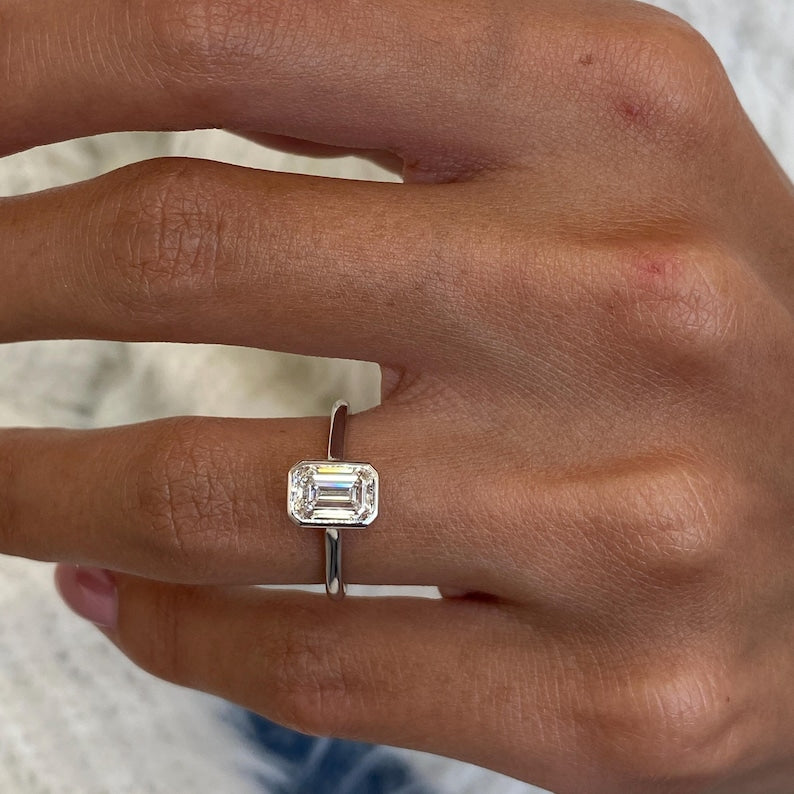 1 CT Emerald Bezel Moissanite Engagement Ring