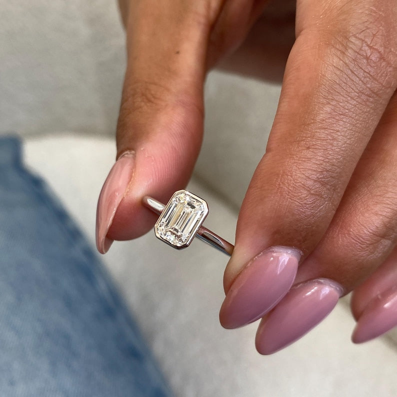 1 CT Emerald Bezel Moissanite Engagement Ring