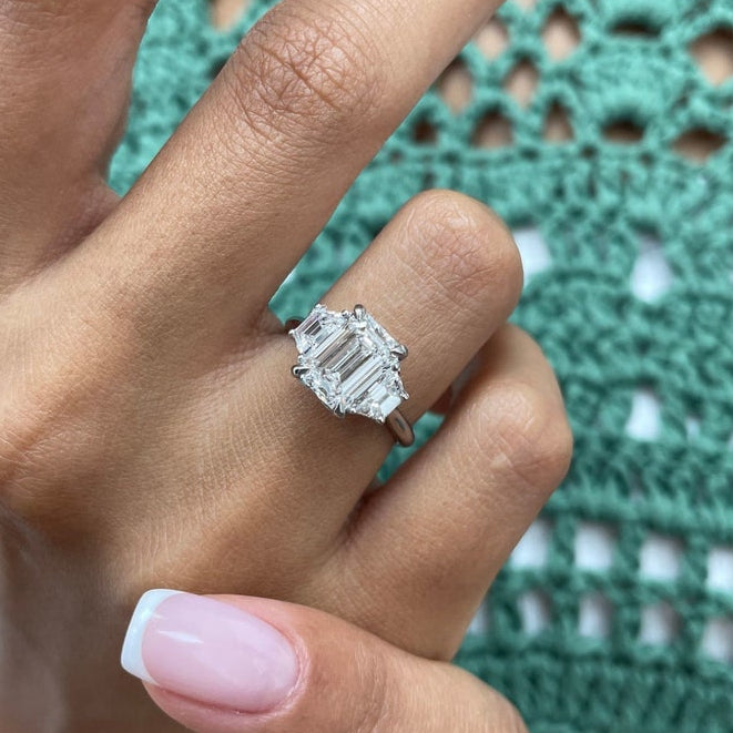 2 CT Emerald Three Stone Moissanite Engagement Ring