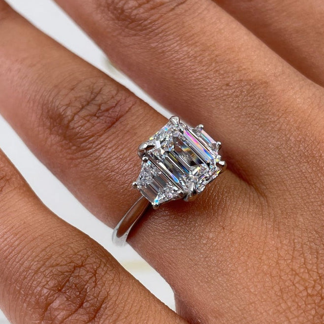 2 CT Emerald Three Stone Moissanite Engagement Ring