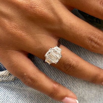 2 CT Emerald Three Stone Moissanite Engagement Ring