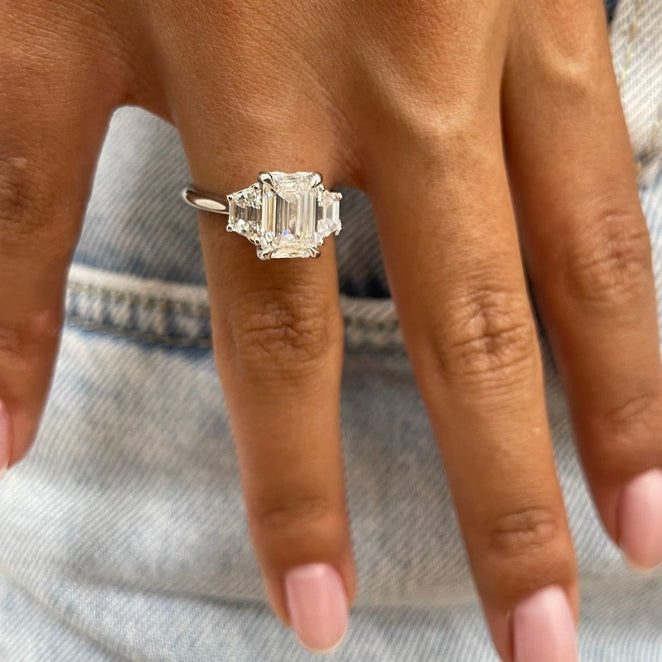 2 CT Emerald Three Stone Moissanite Engagement Ring