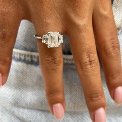 2 CT Emerald Three Stone Moissanite Engagement Ring