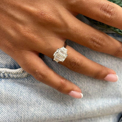 2 CT Emerald Three Stone Moissanite Engagement Ring
