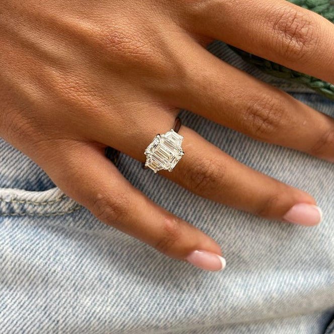 2 CT Emerald Three Stone Moissanite Engagement Ring
