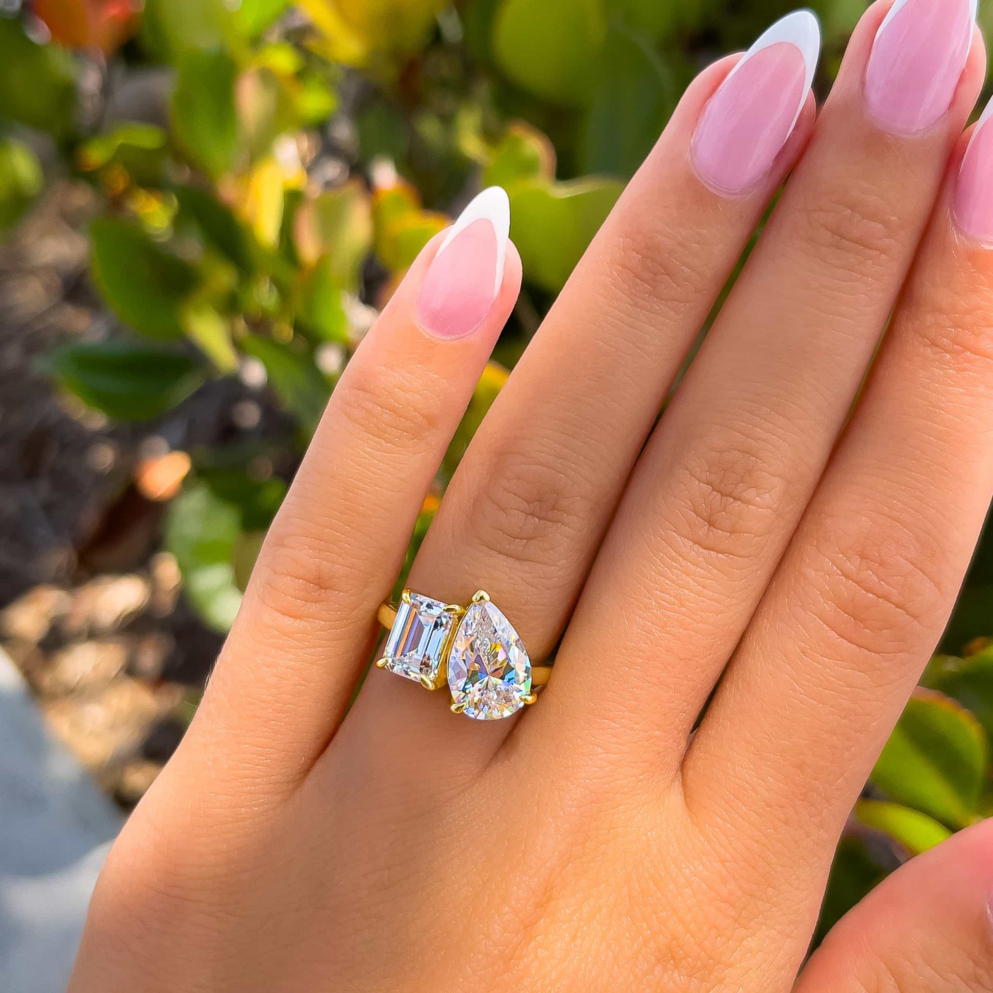 2.1 CT Emerald & Pear Toi Et Moi Moissanite Engagement Ring