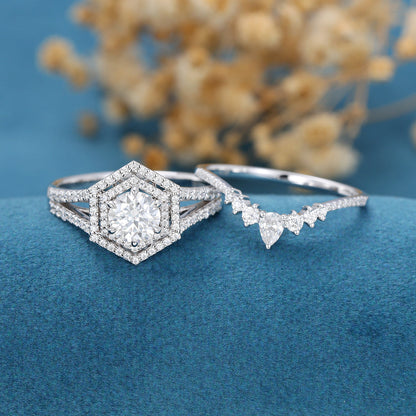 0.68 CT Round Double Halo & Split Shank Moissanite Bridal Set