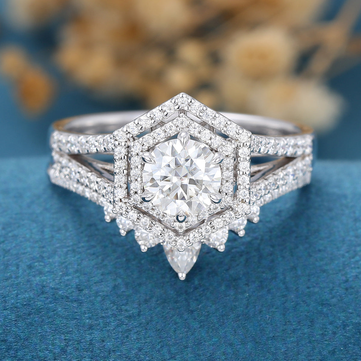 0.68 CT Round Double Halo & Split Shank Moissanite Bridal Set