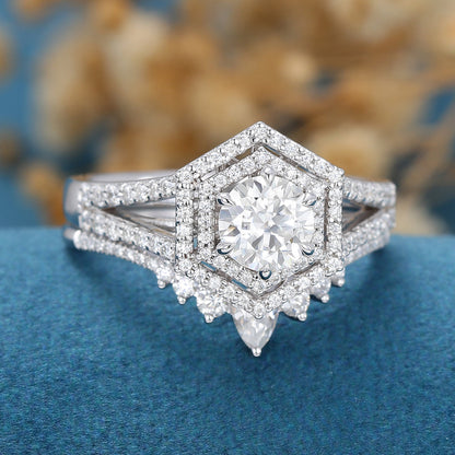 0.68 CT Round Double Halo & Split Shank Moissanite Bridal Set