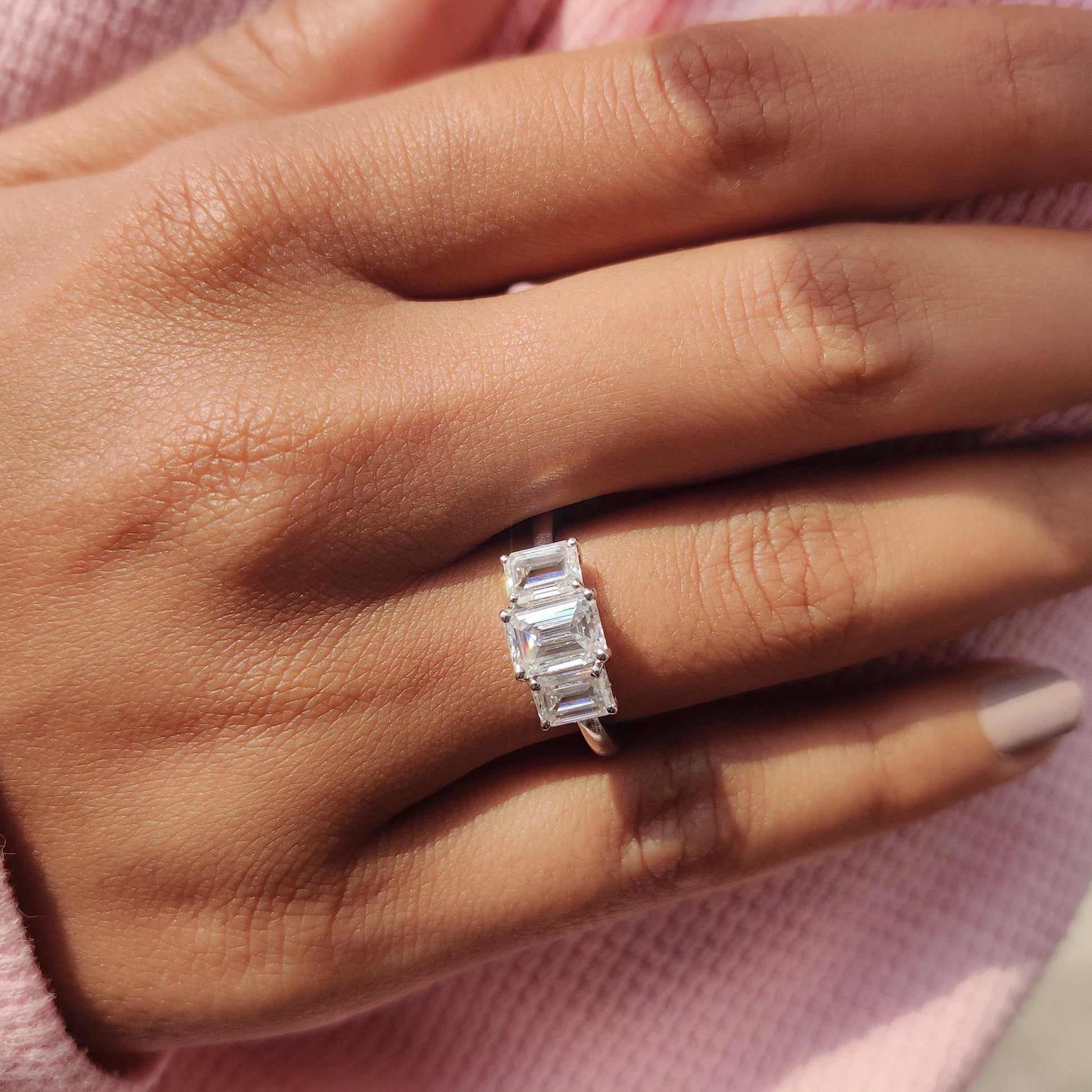 1.20 CT Emerald Three Stone Moissanite Engagement Ring