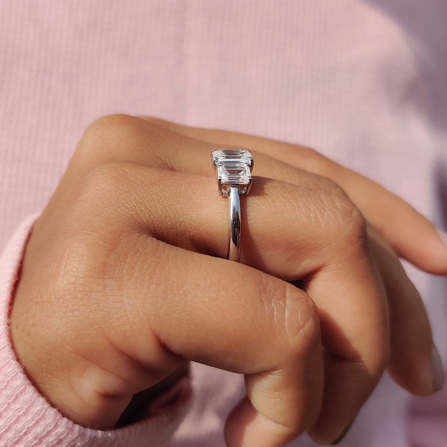 1.20 CT Emerald Three Stone Moissanite Engagement Ring