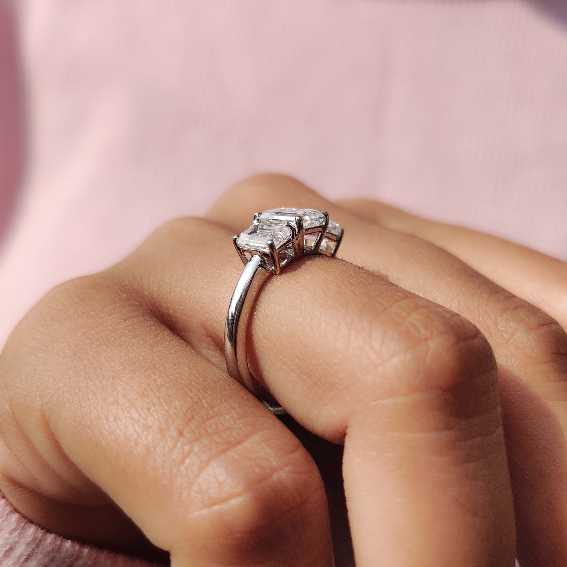 1.20 CT Emerald Three Stone Moissanite Engagement Ring