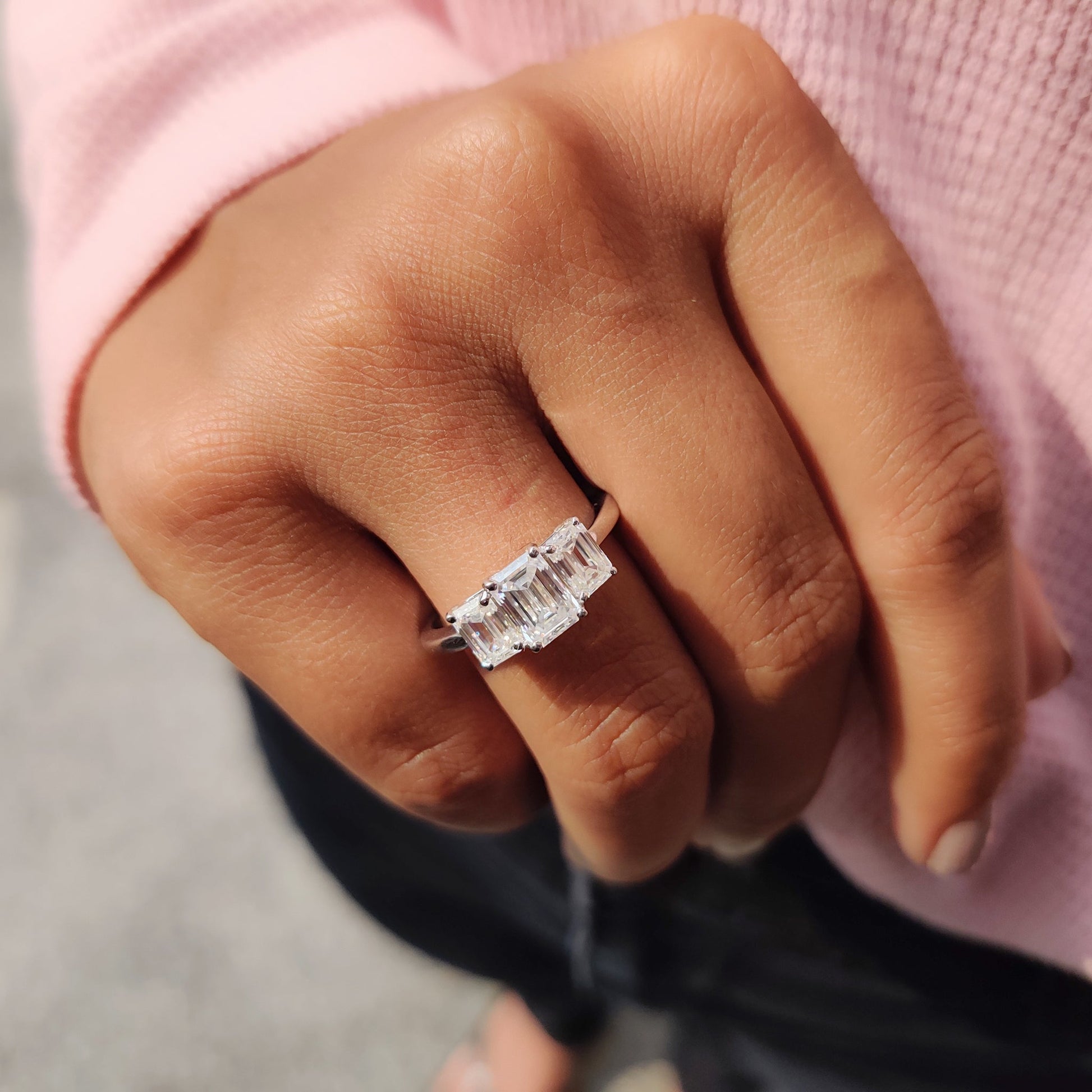 1.20 CT Emerald Three Stone Moissanite Engagement Ring