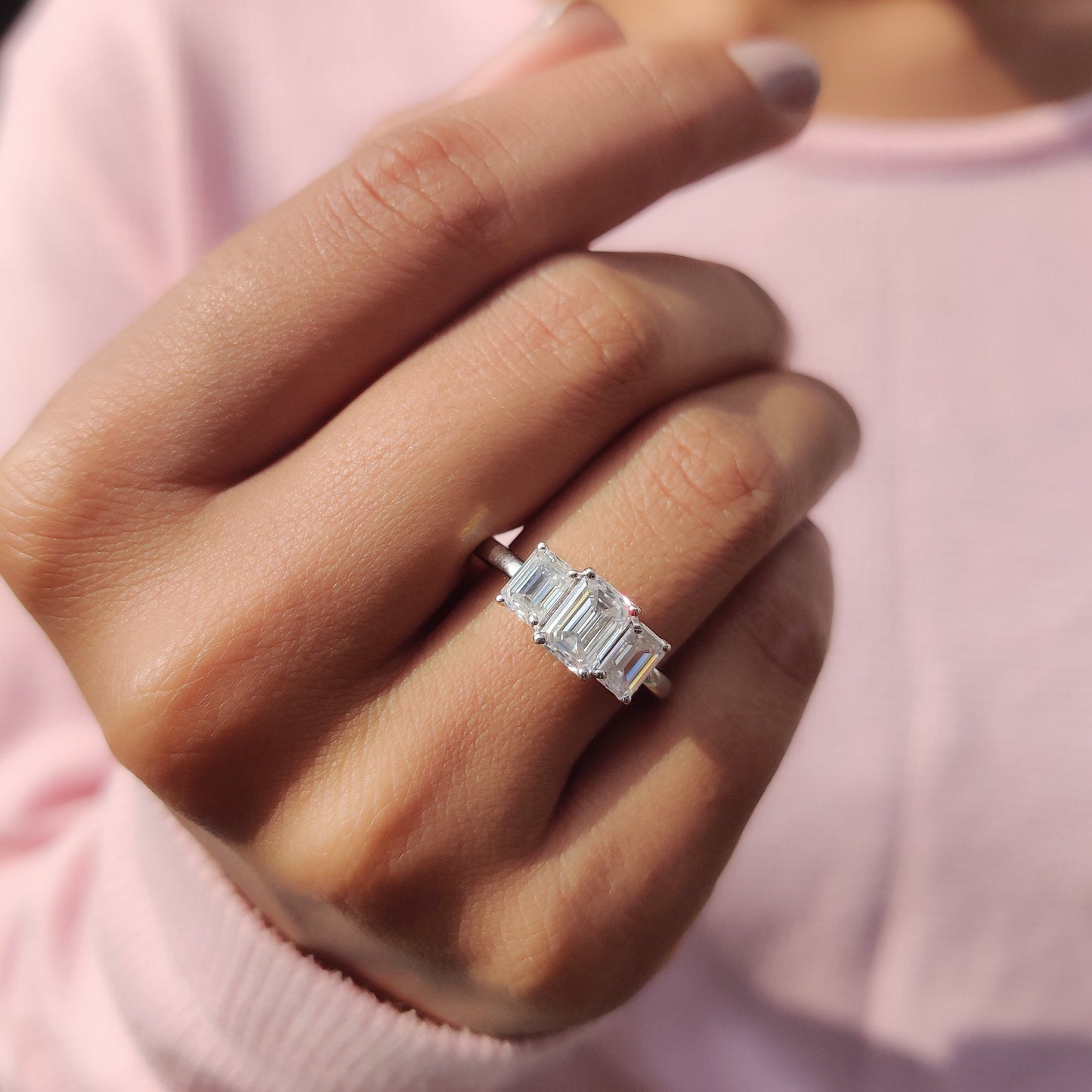 1.20 CT Emerald Three Stone Moissanite Engagement Ring