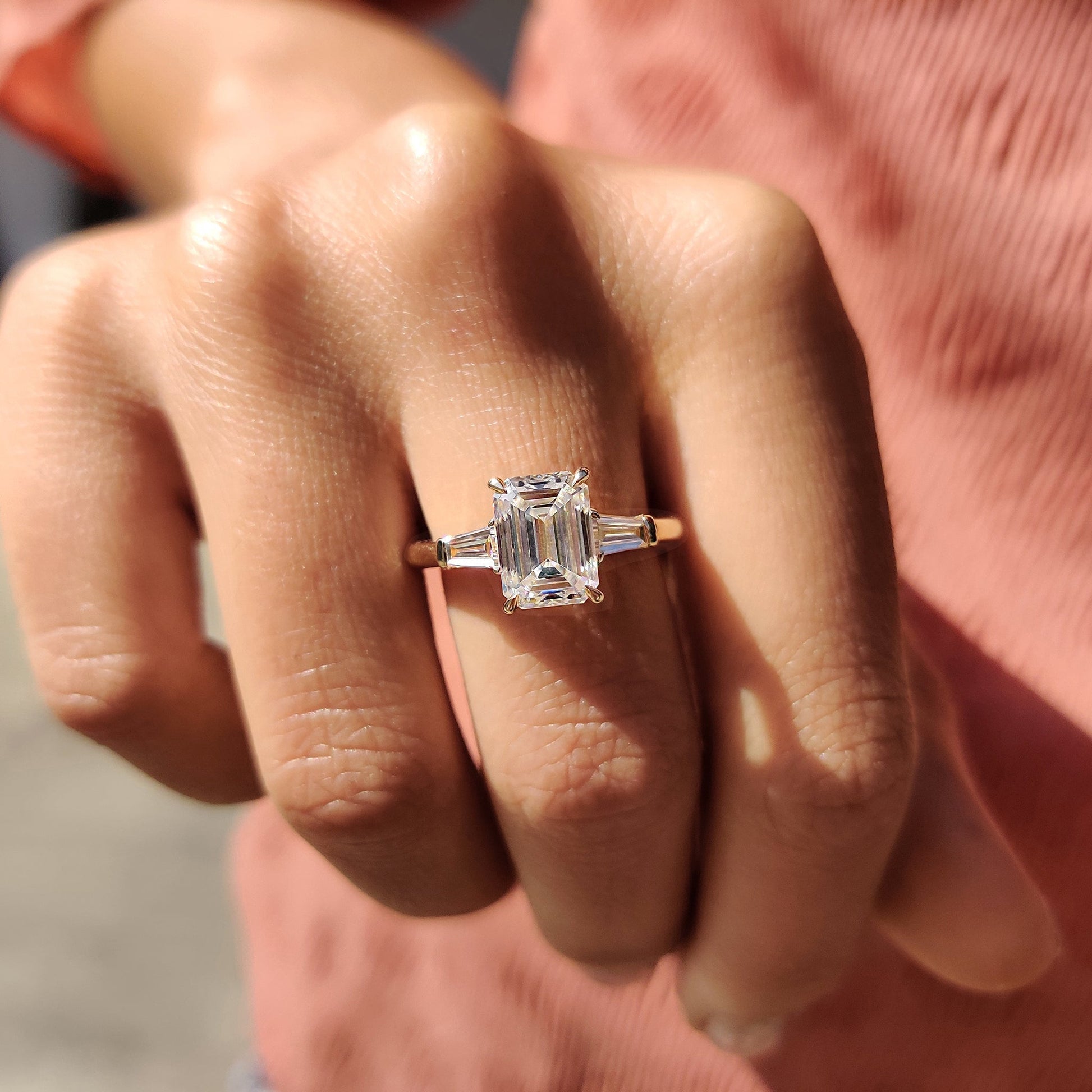 2.38 CT Emerald Three Stone Moissanite Engagement Ring