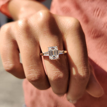 2.38 CT Emerald Three Stone Moissanite Engagement Ring